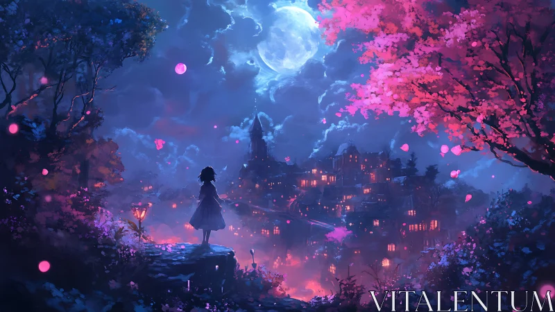 Backlit girl surveys neon-lit valley under high-luminance moon