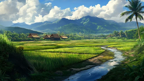 Hydrologically sculpted rice terraces under stratified tropical clouds.