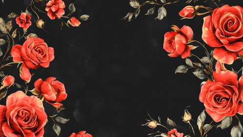 Coral Roses Dance Across Midnight Canvas in Gilded Splendor.