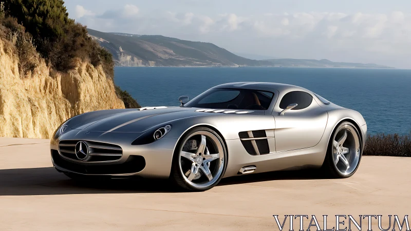 Silver Mercedes supercar glows beside rugged coastal cliffs.