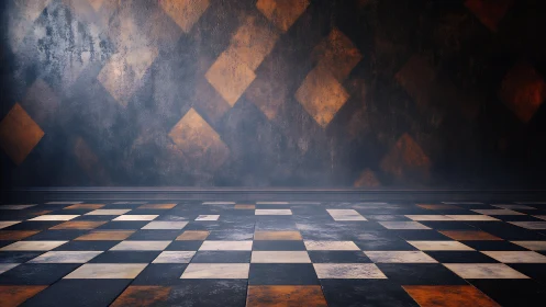 Industrial checkerboard hall with distressed geometric wall