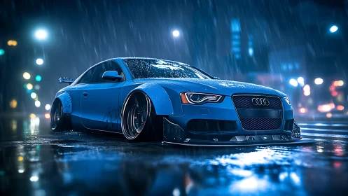 Lowered blue sports car on wet city street at night.