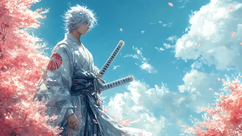 Silver-haired swordsman wandering under gentle spring skies.