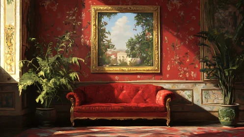 Red velvet sofa in ornate room with framed landscape painting.