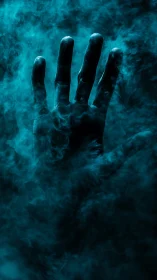 Backlit human hand emerging through cyan volumetric fog field.