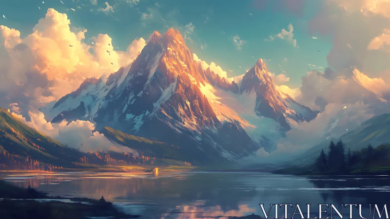 Mountain lake landscape with clouds and reflected peaks.