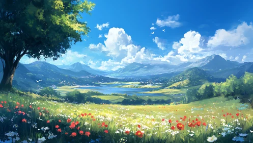 Landscape illustration shows hillside meadow, lake and distant mountains