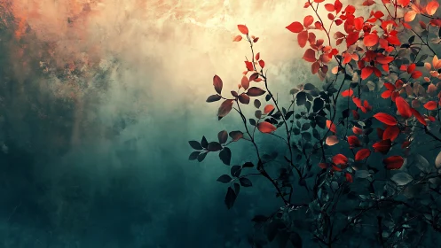 Vibrant red foliage on abstract textured background, digital art.