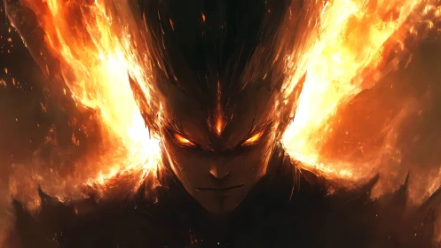Fiery demonic warrior portrait with blazing inferno eyes.