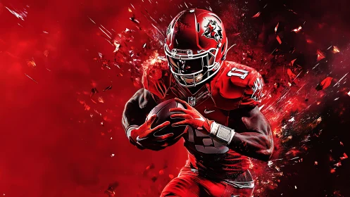 Intense red football runner with dynamic explosive energy.