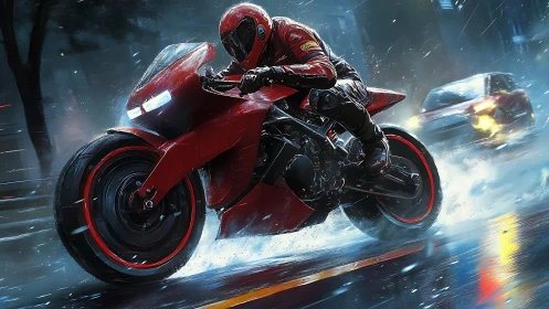 Red superbike slices through wet neon city street