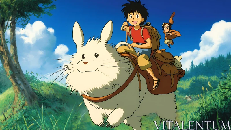 Children ride a fluffy creature across a bright summer valley
