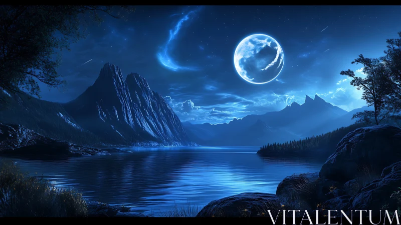 Luminous blue moon above tranquil mountain lake at night.
