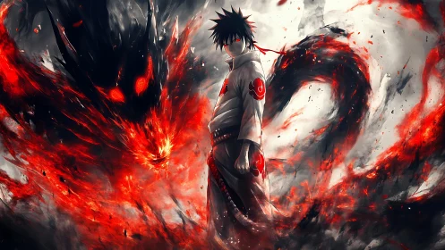 Dark anime warrior stands amid swirling red energy flames