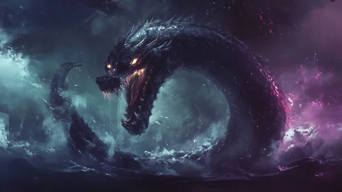 Sea serpent creature rises from stormy bioluminescent ocean