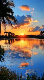 Tropical lake sunset reflects blazing golden cloudscape.