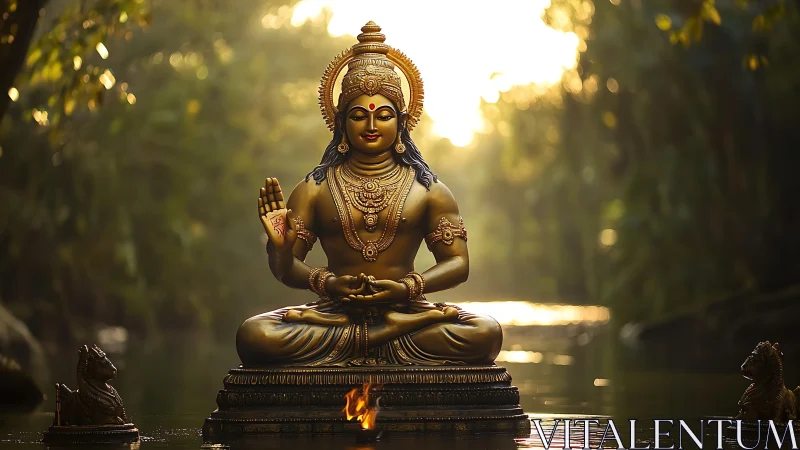 Golden river deity statue illuminated by backlit forest haze