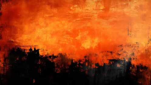 Fiery Abstract Painting with Bold Orange and Black Brushstrokes.