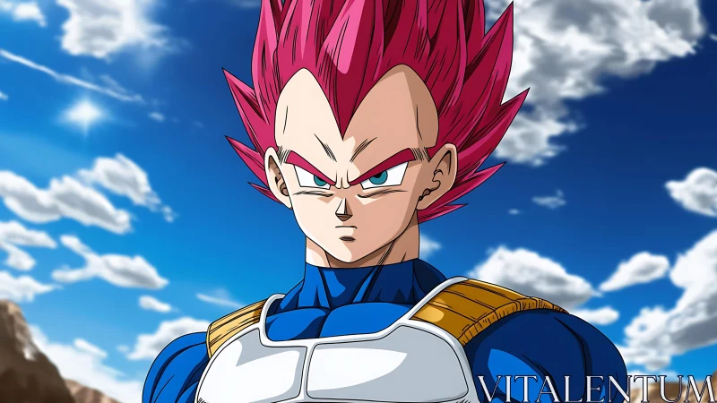 Pink haired anime warrior in blue armor under vivid sky.