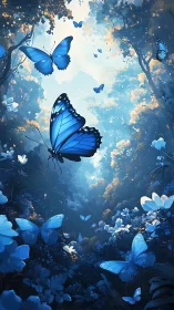 Vivid blue butterflies gliding through a glowing forest clearing.