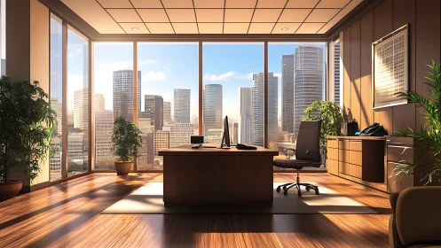 Executive corner office with panoramic city skyline view.