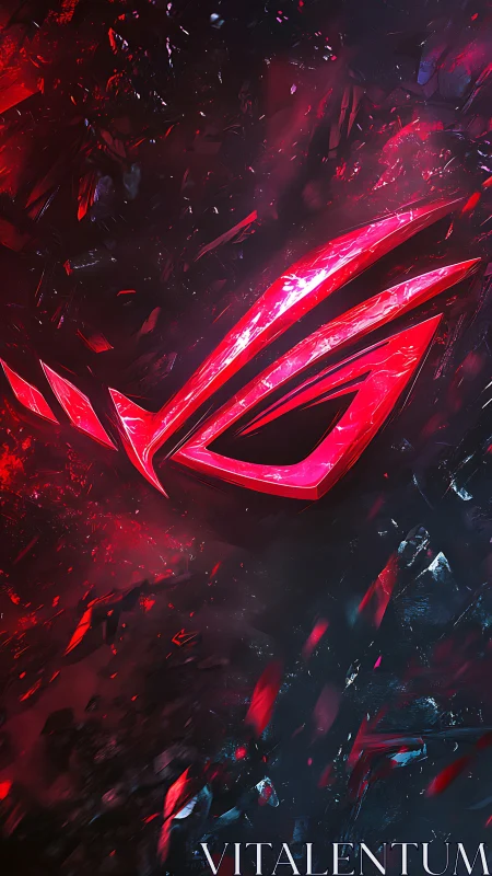 Crystalline neon emblem slices through dark fracturing particles with depth