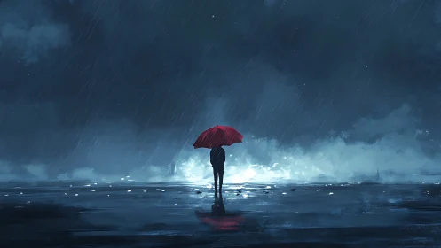 Solitary figure with red umbrella in night coastal rain.
