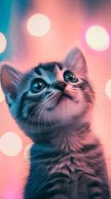 Feline upward gaze with bokeh lighting effect.