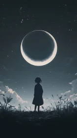 Quiet child gazes up at a glowing crescent moon in wonder