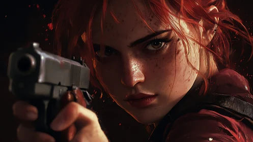 Intense red haired woman aiming handgun in close focus