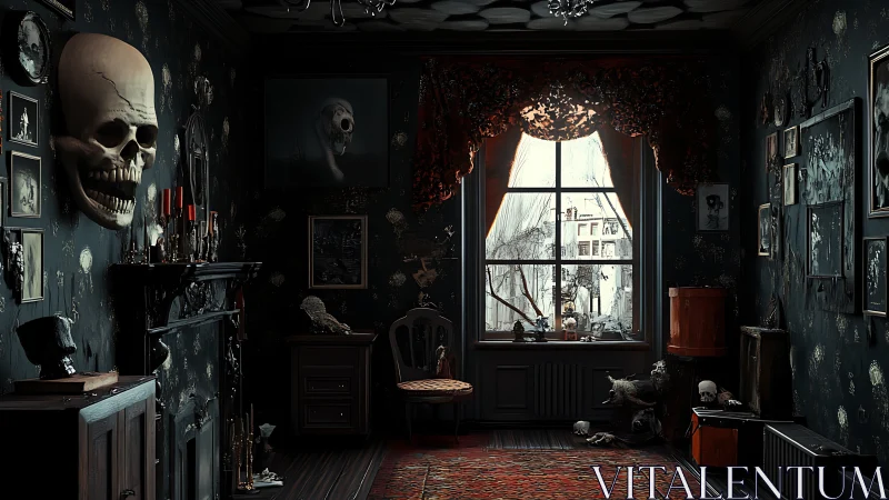 Moody skull filled parlor watching over a wintry street.