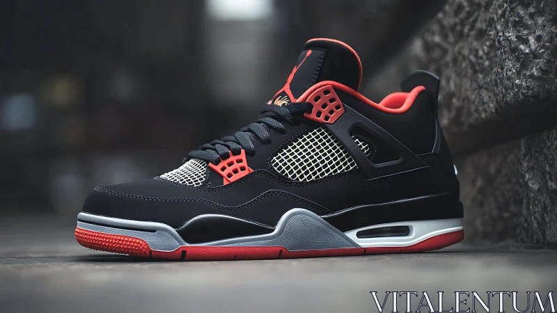 Black and red athletic sneaker on outdoor stone surface.