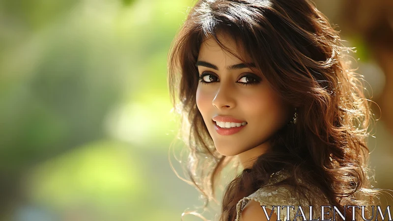 Young woman in soft outdoor light with blurred foliage background.