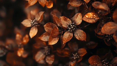Macro botanical study of dew‑laden bronze petals in bokeh field.