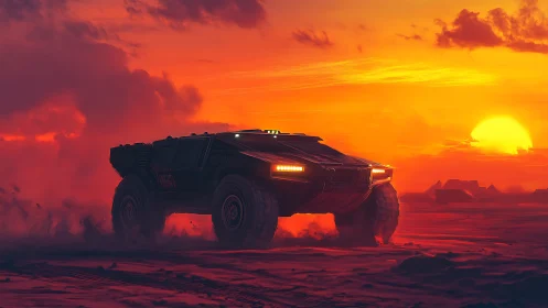 Cinematic desert rover in saturated sunset digital painting.