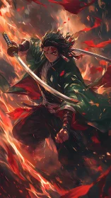 Firelit samurai warrior slashes through swirling embers