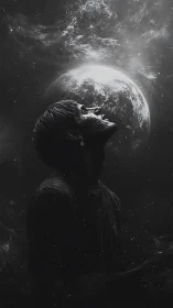 Lunar-backlit cosmic portrait with fractured dermal texture.