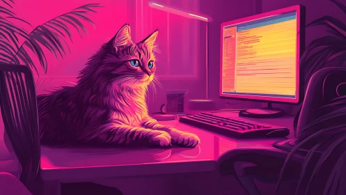 Neon Cat at Digital Desk in Cyberpunk Room.