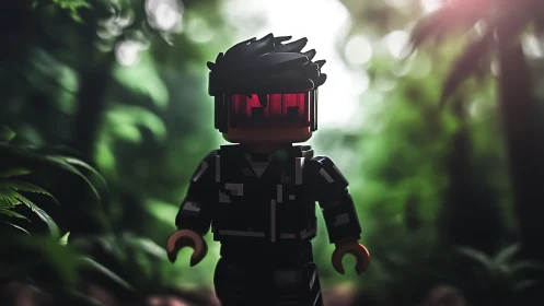 Lego-scale cyber scout with neon visor in shallow forest bokeh.