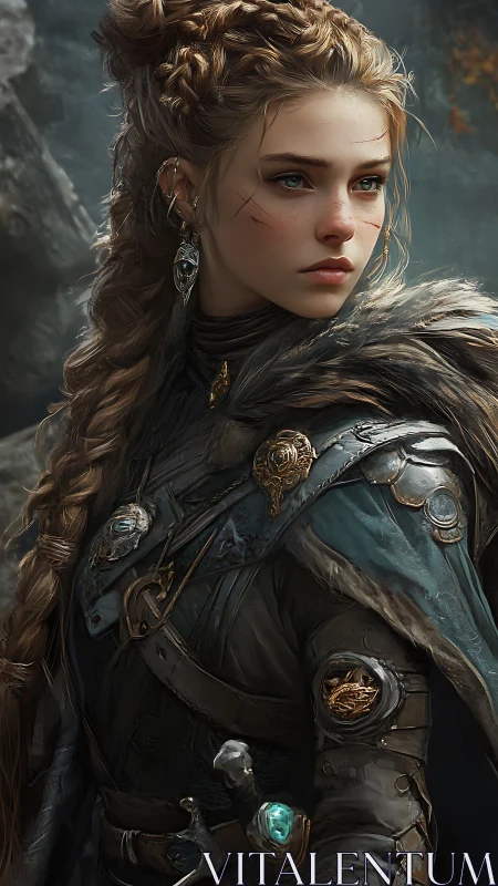 Warrior maiden stands vigilant in misted, rugged highlands