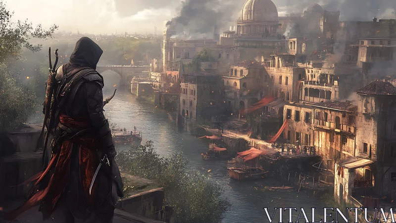 Hooded figure surveys smoking riverside city in muted light