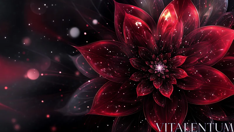 Digital red fractal flower on dark abstract background.