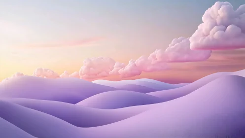 Gentle pastel hills under dreamy cotton candy clouds.