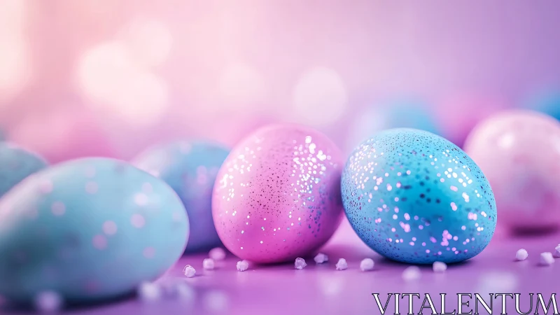 Pastel glitter eggs rest on violet bokeh surface.