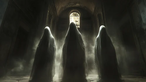 Triptych of veiled apparitions in decayed nave illumination.