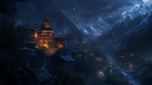 Mountain temple village glowing softly in a stormy night.