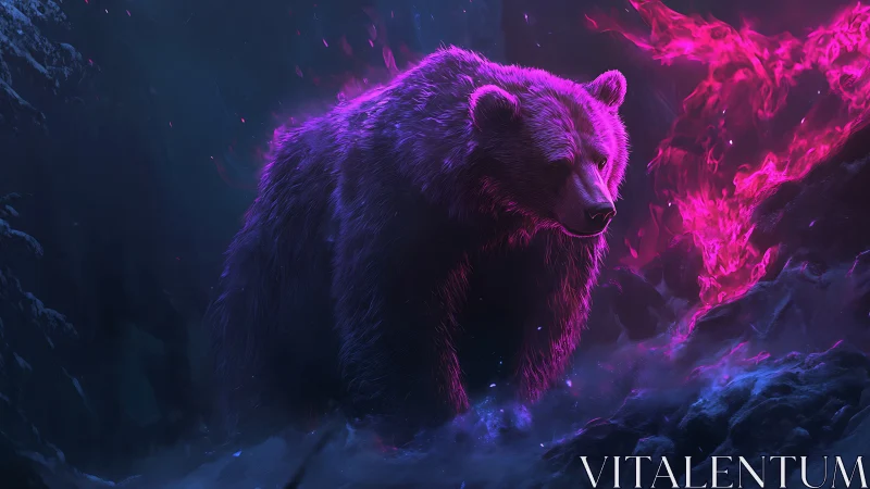 Neon-lit bear in dark rocky environment with pink energy forms.