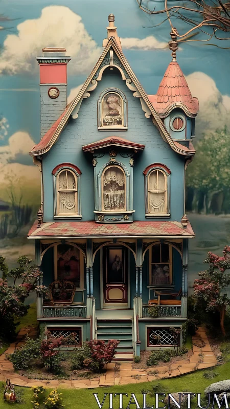 Whimsical blue dollhouse manor glows with vintage charm.