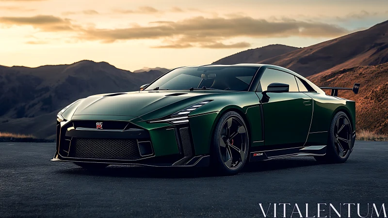 Sleek green sports coupe rests against glowing mountain sunset.