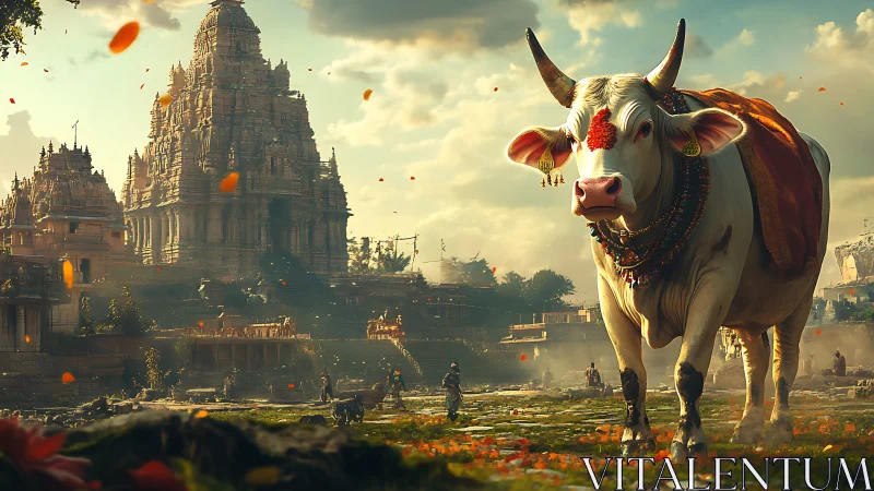 Sacred zebu cow in ornate temple complex at golden hour